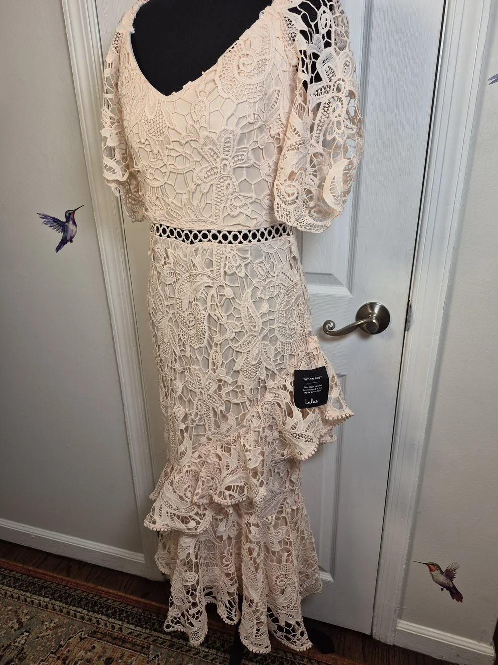 NWT Lulus Briarwood Blush Pink Lace Ruffled Midi Dress Cottagecore Wedding Guest - Picture 6 of 9